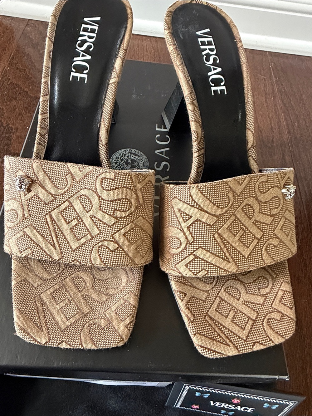 Versace Beige Logo Jacquard Slide Heels with Gold Accents - Picture 6 of 8
